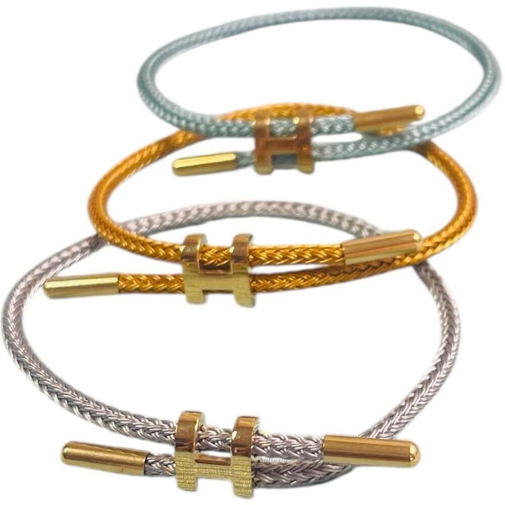 Designer Trio of Silver Gray, Gold and Green H Rope Bracelets